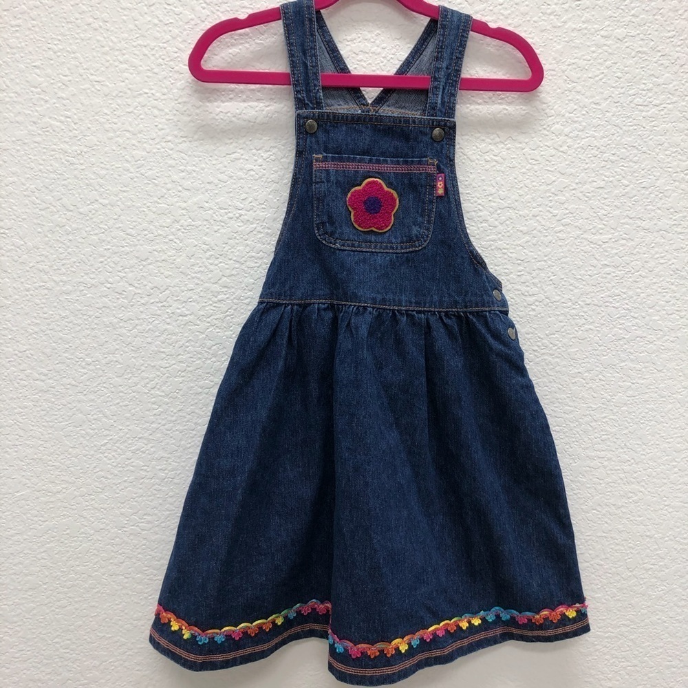 Esprit Mini Girls Large Dress Overall Denim Floral Jean flare embroidered